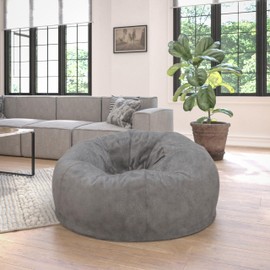 EMMA + OLIVER Denver Oversized Gray Furry Bean Bag Chair for Kids and Adults