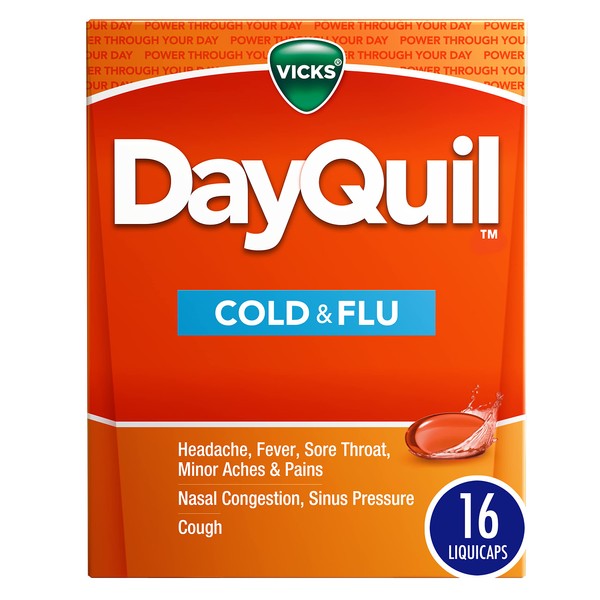 Vicks DayQuil Cold & Flu Medicine, Non-Drowsy Powerful Multi-Symptom Daytime Relief for Headache, Fever, Sore Throat, Minor Aches and Pains, Nasal Congestion, Sinus Pressure and Cough, 16 Liquicaps