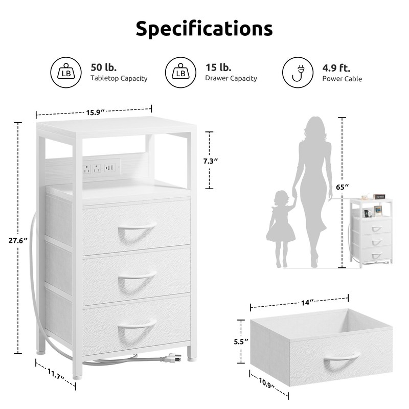 Lazzanto NightStand Bedside Charging Table Bedroom - White Night Stand