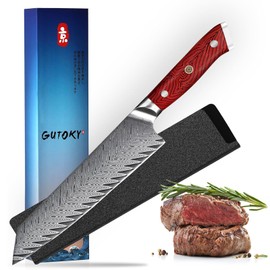 8 Inch Damascus Chef Knife, Feather Pattern Blade, Full Tang Japanese AUS10 Steel, G10 Red Handle, Includes Sheath
