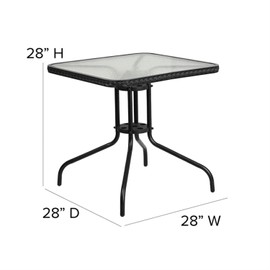 Flash Furniture Lila 28'' Square Glass Metal Table with Black Rattan Edging and 2 Black Rattan Stack Chairs