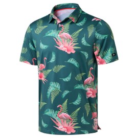 Obla Mens Golf Polo Shirts Short Sleeve Dry Fit Performance Moisture Wicking Casual Print Collared Golf Shirts for Men(Green Flamingo_4XL)
