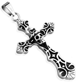 Bungsa Pendant Skull Cross Silver Stainless Steel (Pendant Charm Beads Surgical Steel Women Men Jewellery Cross Skull), Stainless Steel, No Gemstone