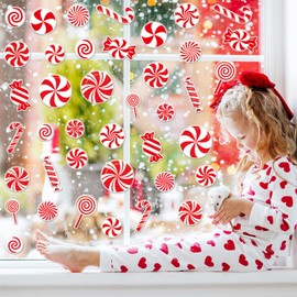 Whaline 40Pcs Christmas Thick Gel Clings Winter Xmas Peppermint Lollipop Window Gel Decals Reusable Red White Candy Cane Window Clings for Home Classroom Nursery, 2 Sheets