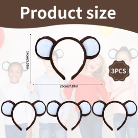 3-Pack Monkey Ears Headbands, Fluffy Cute Headbands for Party Cosplay Makeup Skincare Washing Face Kids Adults Women, Costume Set, Cute Animal Themed Party Accessory, Adjustable and Comfortable