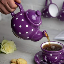 City to Cottage Ceramic 26 oz Teapot, Coffee Pot, Tea Pot for Bloomig and Loose Tea Leaf, Handcrafted Premium Teaware, Purple Polka Dot Tea Pot for Serving Tea and Coffee, Teapot for Tea Lovers