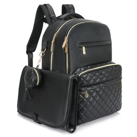 JustBaby Luv 3 in 1 Luxe Leather Diaper Bag Backpack - Ultimate Baby Bag with 21 Pockets, Charging Port, Changing Pad, Pacifier Case, Stroller Straps - Stylish, Waterproof, Unisex (31L Black)