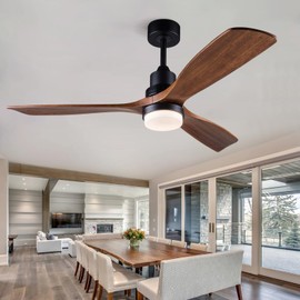 BOJUE 52 Inch Ceiling Fans with Lights and Remote Control, Dimmable, Memory Function, Mordern Ceiling Fan with 3 Wood Blade for Living Room, Bedroom (Black Ceiling Fan+ Walnut Blades)