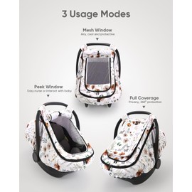 Sweetwavet Car Seat Cover Baby Girls, Infant Car Seat Canopy Outdoor, 2 Layers with Mesh and Sun Shade Window for Summer Winter, Easy Access Carseat Covers Snug Fit Baby Stroller - Brown Wildflower