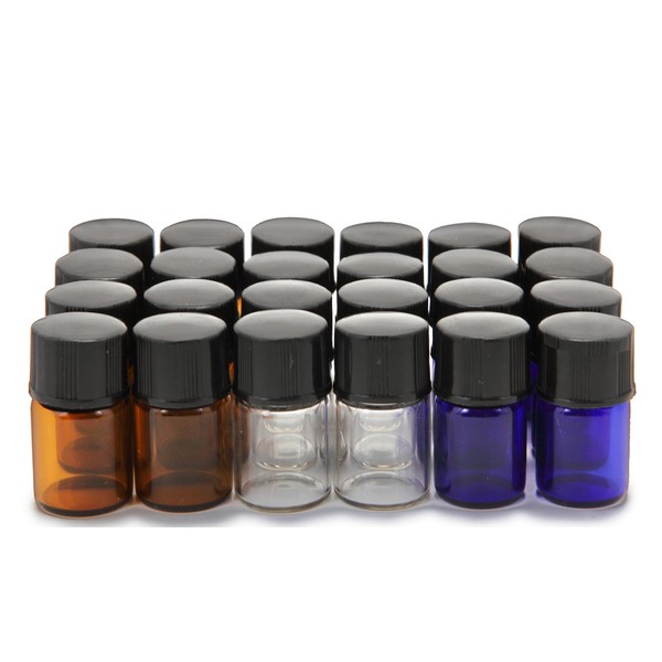 Vivaplex, 24, Assorted Colors, 2 ml (5/8 Dram) Glass Bottles, with Orifice Reducers and Black Caps