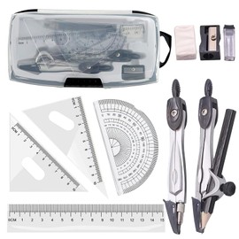 Maths Set, 10pcs Maths Set in Carry Case, Geometry Compasses Set, Arith Protractor Sets, for School and Home Education, Includes Rulers, Protractor, Compass, Pencil Lead Refills, Pencil, Eraser