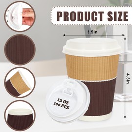 JarThenaAMCS 100Pcs Brown White Disposable Coffee Cups with Lids 12oz Paper Cups Corrugated Ripple Wall Insulated Hot Cups for Home Office Party Supplies