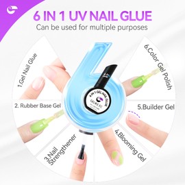 Gelike EC Nail Glue Gel 6 in 1 for Press-On Nails and Nail Tips Long Lasting Extension Strong Hold Brush-On UV Adhesive for Acrylic Tips Quick Dry Low-Odor No Pop-Off DIY at Home & Salon Art Use