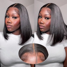 Wiggins Hair Straight Bob Wig Human Hair With 4x7 Lace Closure Glueless Wig Human Hair Straight Human Hair Wigs Ready to Wear Pre Bleached Pre Plucked 12 Inch