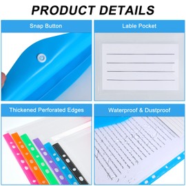 12 Pack Punched Pockets A4 Plastic Wallets,Expandable 11 Holes Binder Pocket,Plastic Envelope File Folders with Snap Button and Label Pocket for School Home Office,6 Colours