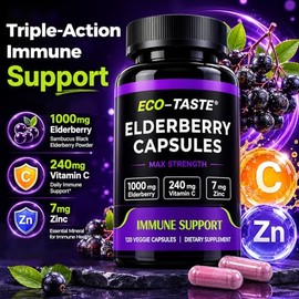 ECO-TASTE Elderberry Capsules with Zinc & Vitamin C - 120 Capsules, Sambucus Elderberries for Immune Support, Skin Health - Veggie Caps
