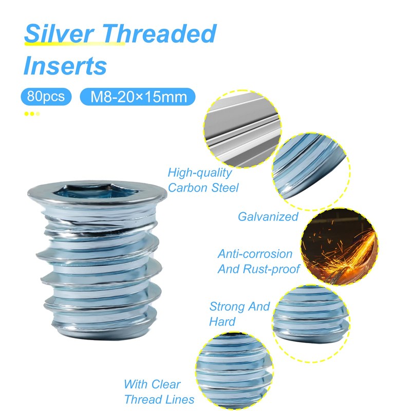 Waycreat 80pcs M8 x 15mm Threaded Inserts for Wood, Hex