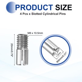 MECCANIXITY 4 Pcs M8 x 20mm Slotted Cylindrical Pins, 304 Stainless Steel Dowel External Thread Locating Parallel Pins Shelf Support Peg Pin for Furniture Installation, DIY Project