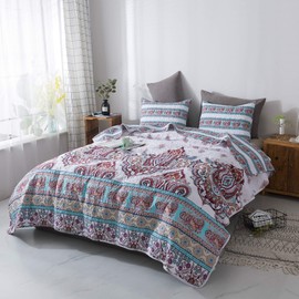DaDa Bedding Bohemian Paisley Floral Bedspread Set - Cozy Coconut White Beach Vibes - Reversible Bright Vibrant Colorful Quilted Coverlet Pillow Shams - Turquoise Blue Red Orange - Cal King - 3-Pieces