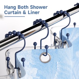 Titanker Shower Curtain Hooks Rings, Rust-Resistant Metal Double Glide Shower Hooks for Bathroom Shower Rods Curtains, Set of 12 Hooks - Navy Blue