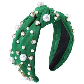 LINXI Pearl Knotted Headband for Women Girls, Rhinestone Top Knot Crystal Headband Jeweled Fashion Headpiece Wide Head Band for Women's Hair Accrssories (Green, M)
