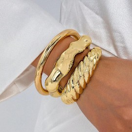 3PCS Chunky Gold Bangles Bracelet for Women Dainty Cuff Bracelets Stackable Statement Jewelry Gift