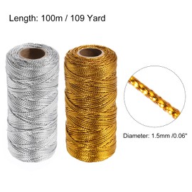 sourcing map Cotton Rope Twisted Braided Rope Cord, Gold Silver 100m/109 Yard 1.5mm Dia for Wall Hanging, Plant Hanger, Macrame Knotting