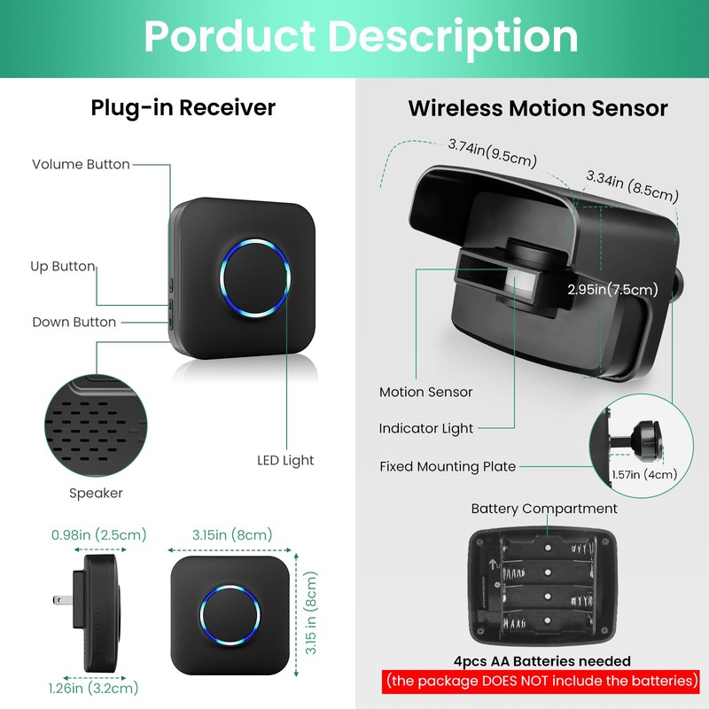 Wireless Driveway Alarm, Outdoor Weatherproof Motion Sensor & Detector with