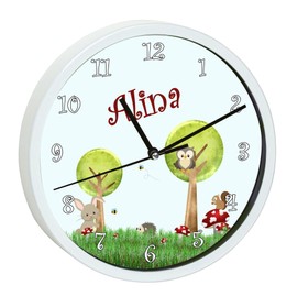 CreaDesign WU-30-1017 Forest Animals Wall Clock for Children's Room, Silent Movement without Ticking, Customisable with Name, White Frame, Diameter 19.5 cm