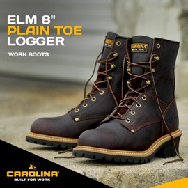 Carolina Elm 8” Unlined Logger Boots for Men - Unlined Leather Upper, Pillow Cushion Footbed, and Welted Oil- and Slip-Resistant Outsole, EH Rated, Brown - 9.5 D