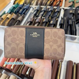 Coach NWT Coach Long Zip Around Wallet CW947 Tan Black Signature Canvas/Leather