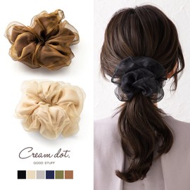 Cream Dot Hair Accessories, Women's Popular, Scrunchie, Volume, Organza Material, Satin, Big Scrunchie, Khaki x One Size