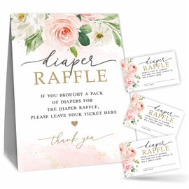 Diaper Raffle Set For Baby Shower - Blush Floral Theme - 1 Standing Sign & 50 Diaper Raffle Tickets，Gender Reveal, Baby Announcement Party Decorations & Supplies - NBK - A05