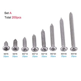 Juego de Tornillos Autorroscantes 200pcs / Set Tornillos de Metal de Acero Inoxidable Ss304 Pan Flat Truss Head m3 6mm ~ 30mm Surtido Hardware de Sujetadores (A: Pan Head)