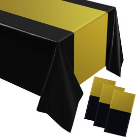 Oudain Christmas Disposable Plastic Tablecloths 54" x 108" for Rectangle Tables Cloths Waterproof Table Cover for Thanksgiving Day Wedding Birthdays Decoration(Black, Gold,12 Pcs)