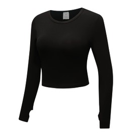 OThread & Co. Women's Long Sleeve Crop Top Comfy Thumb Hole Shirts Basic Stretch Layer (Medium, Black)