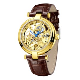 Carlien Skeleton Automatic Steampunk Watches Gold-Tone Luminous Hands Leather Strap Wrist-Watch (Gold)