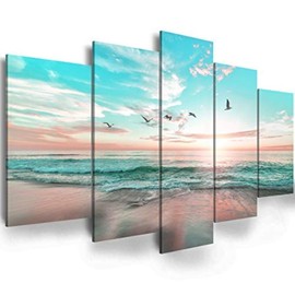 EPHANY Ocean Beach Sunset - Blue Sea Landscape Canvas Wall Art, 5 Pieces, Living Room Wall Picture (D-5pcs,60"x30")
