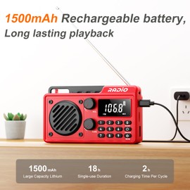 Portable Radio AM FM 1500mAh Rechargeable with Best Reception, Transistor shortwave Radio Wireless Bluetooth Speaker, with Large LCD Screen, Support TF Card U Disk, Earphone, Sleep Timer (Red)