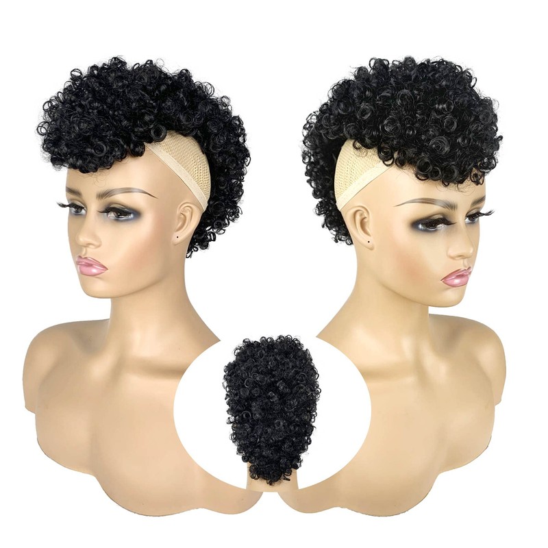 Afro Puff Mohawk Ponytail with Bangs Jerry Curly Non Drawstring