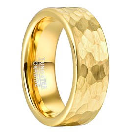 VAKKI 8mm Gold Brushed Hammered Tungsten Carbide Rings for Men Women Engagement Wedding Bands Flat Style Comfort Fit Size T 1/2
