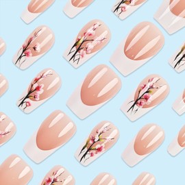 Short Coffin Press on Nails White French Tip Fake Nails with Pink Flower Desingn Glue on Nails Acrylic False Nails Glossy Nails Press ons Coffin Artificial Stick on Nails for Women Girls 24Pcs