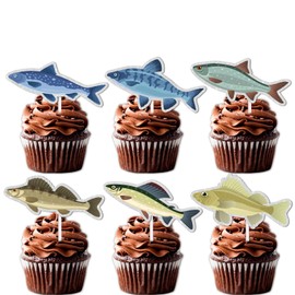 18pcs Glitter Fish Dessert Cupcake Topper Let’s Go Fishing Retirement Theme Decorations Men Women Happy Birthday Party Decor Supplies