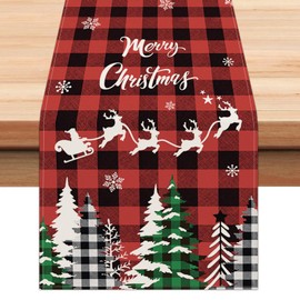 Bonhause Buffalo Plaid Christmas Trees Table Runner, Red and Black Buffalo Check Reindeer Table Runner for Kitchen Home Decor, 13x90 Inch Winter Snowflakes Xmas Trees Table Decor