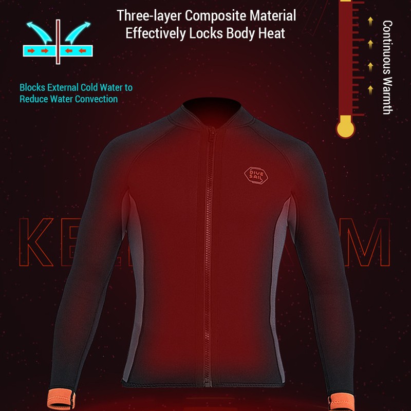 Men 3mm Neoprene Long Sleeve Wetsuit Top Warm Front Zipper