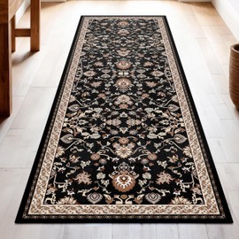 Ecordesk Washable Runner Rug 2’x6’ | Non Slip Rug Runners for Hallways, Entryways, Kitchens, Bathrooms, Bedrooms | Ultra-Soft Flannel Carpet Runners with Rubber Backing | Black Floral Rug 2x6