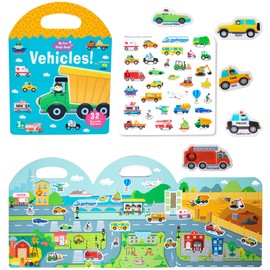 MIKNEKE Jelly Reusable Sticker Books for Toddlers 1-3 2-4 Years, Portable Travel Toys Sticker Activity Book for Kids 2 3 4 Year Old Girls Boys (Vehicles)