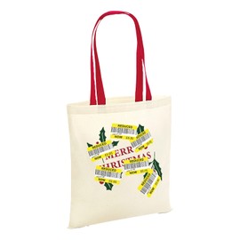 Reduced Sticker Christmas Tote Bag - Novelty Funny Fun Joke Marked Down Discounted Festive Merry Xmas Eve Crimbo Stocking Filler Cotton Shopper Presents Gifts (Red Handle)