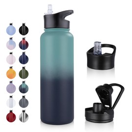 UMBFUN Stainless Steel Drinking Bottle - 1.2 L - with Straw, Leak-Proof, Suitable for Carbonated Drinks, BPA-Free Thermos Bottle (+ 2 Lids) Vacuum Double Wall Insulation for Sports, Travel, Camping,