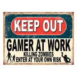 Shawprint Keep Out Gamer At Work Killing Zombies Enter At Your Own Risk Funny Metal Signs Father's Day Home Pub Indoor & Outdoor Garden Bar Garage Vintage Wall Plaque Man Cave Gift Retro (A4)
